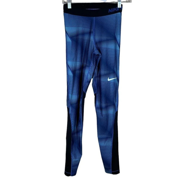 Nike Pro Dry Fit Blue & Black Pyramid Leggings Swoosh Logo Geometric Size S - Picture 1 of 8